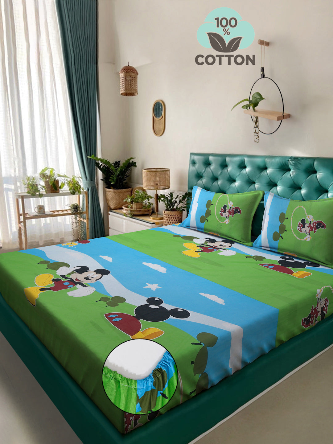 Klotthe Multicolor Cartoon Characters 400 TC Pure Cotton Fitted Double Bedsheet with 2 Pillow Covers