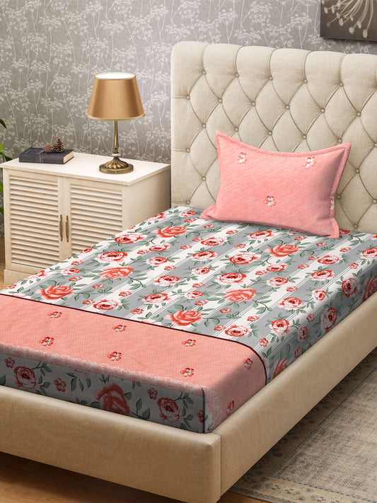 Klotthe Multi Floral 300 TC Cotton Blend Single Bedsheet with Pillow Cover