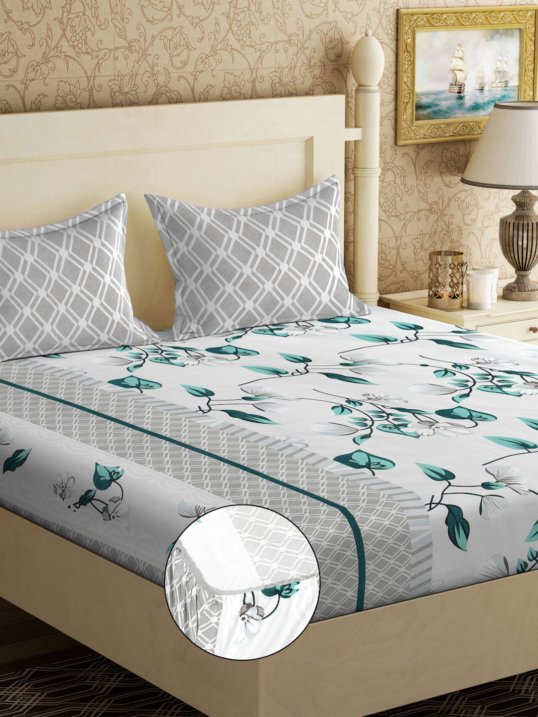 Klotthe Grey Floral 300 TC Cotton Blend Fitted Double Bedsheet with 2 Pillow Covers