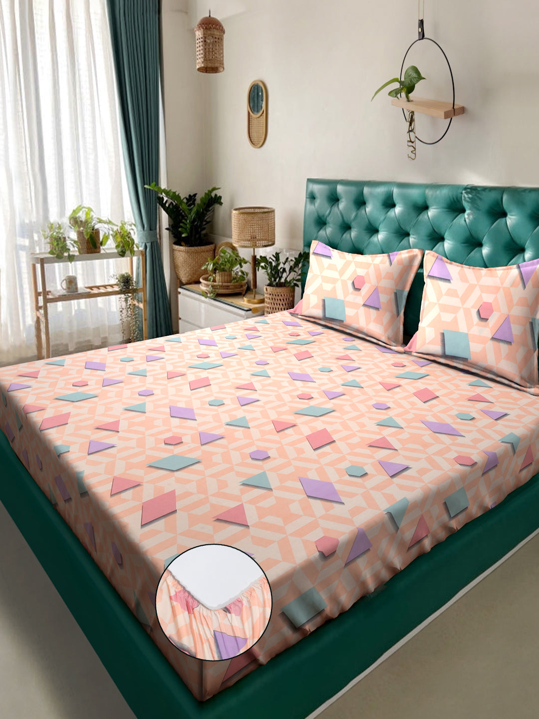 Klotthe Peach Geometric 300 TC Cotton Blend Fitted Double Bedsheet with 2 Pillow Covers