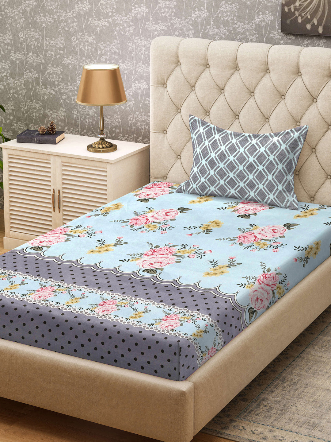 Klotthe SkyBlue Floral 300 TC Cotton Blend Single Bedsheet with Pillow Cover