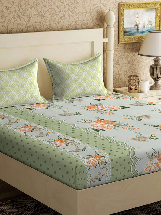 Klotthe Green Floral 300 TC Cotton Blend Double Bedsheet with 2 Pillow Covers