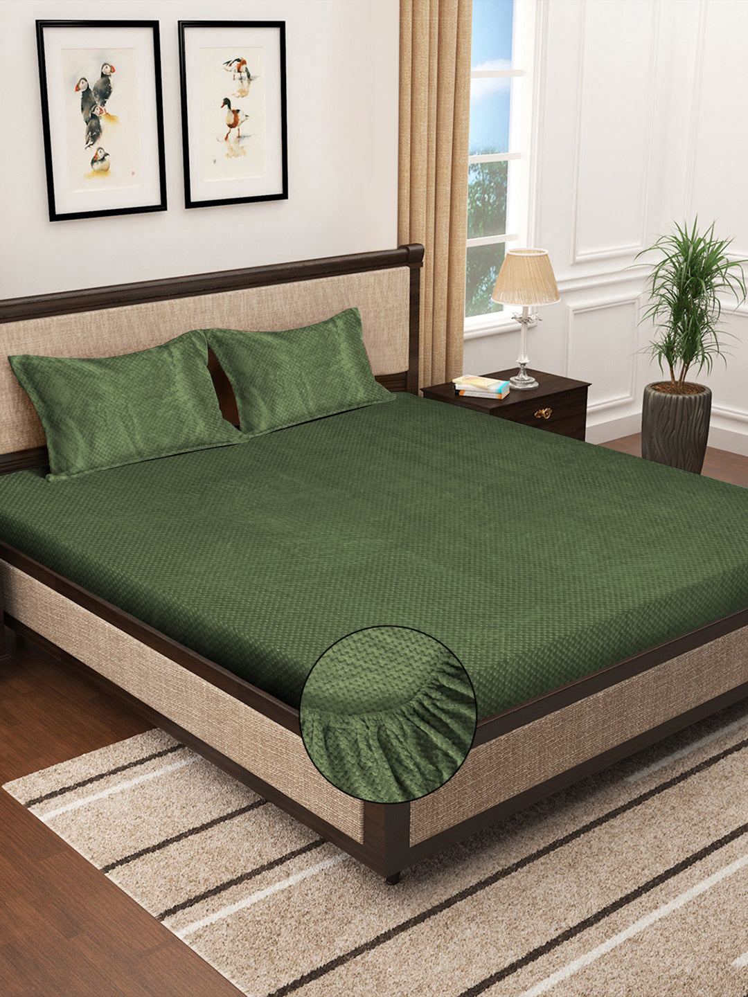 Klotthe Green Abstract Woolen Fitted Double Bed Sheet with 2 Pillow Covers