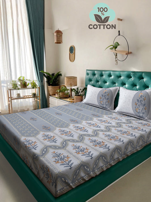 Klotthe Grey Floral 400 TC Pure Cotton Super King Double Bedsheet with 2 Pillow covers