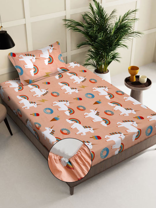 Klotthe Orange Cartoon Characters 400 TC Pure Cotton Fitted Single Bedsheet with Pillow Cover