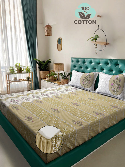 Klotthe Olive Floral 400 TC Pure Cotton Fitted Super King Double Bedsheet with 2 Pillow covers