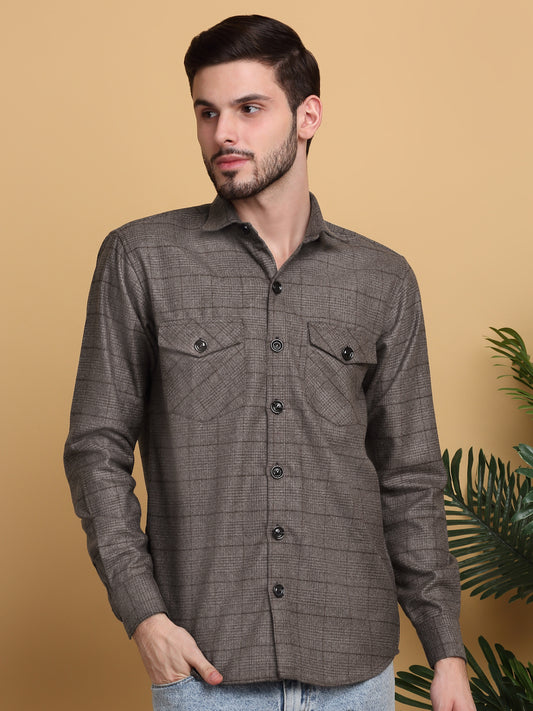 Klotthe Men Brown Checked Spread Collar Woolen Casual Shirt