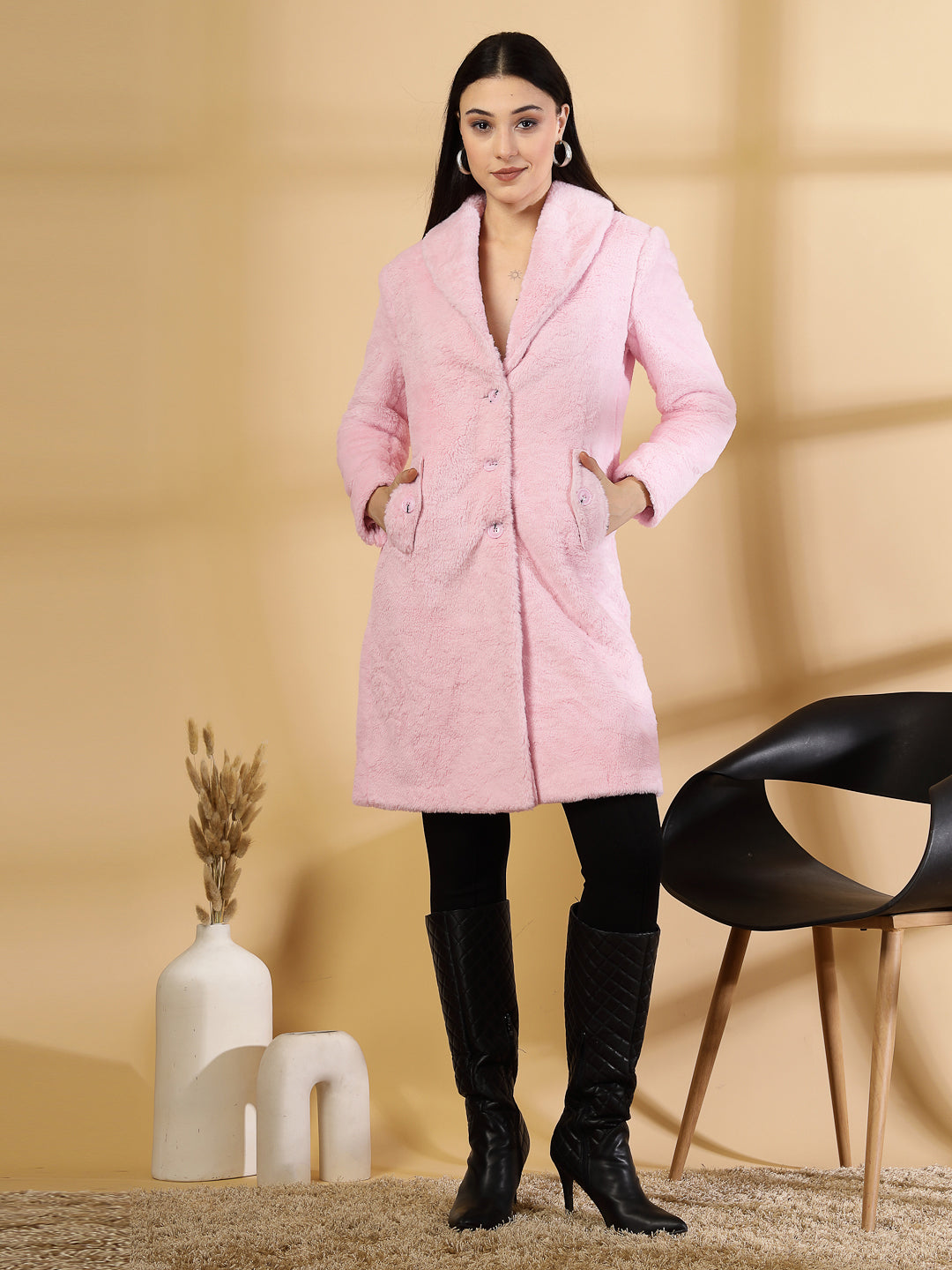 Pink Long Sleeve Single-Breasted Woolen Overcoat by KLOTTHE®