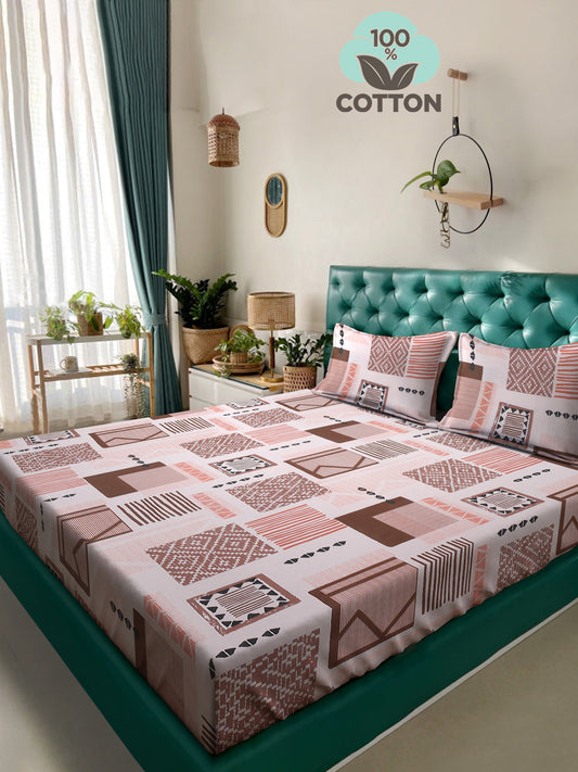 Klotthe Orange Geometric 400 TC Pure Cotton Double Bedsheet with 2 Pillow Covers