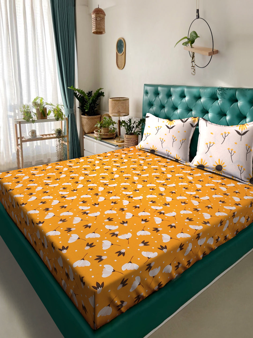 Klotthe Yellow Floral 300 TC Cotton Blend Double Bedsheet with 2 Pillow Covers