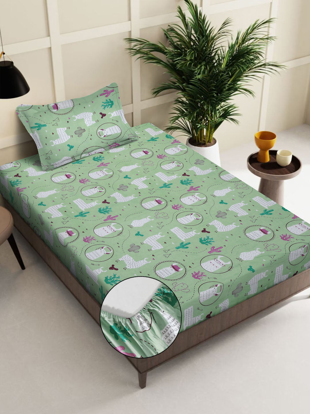 Klotthe Green Cartoon Characters 400 TC Pure Cotton Fitted Single Bedsheet with Pillow Cover