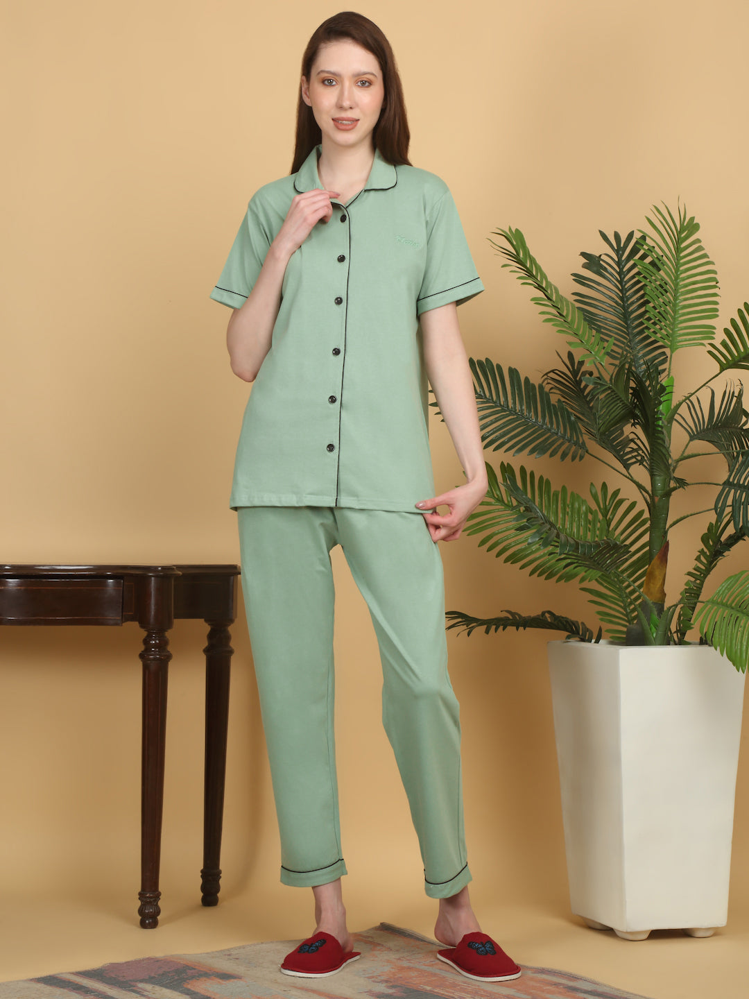 Klotthe Women Green Solid Cotton Night Suit