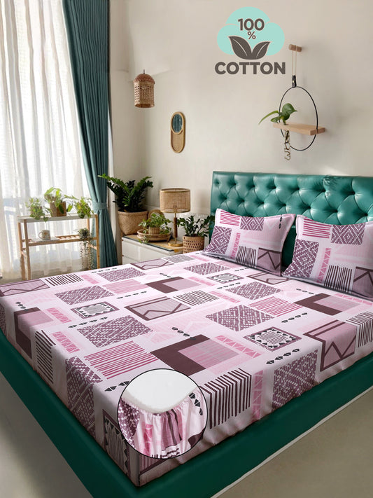 Klotthe Purple Geometric 400 TC Pure Cotton Fitted Double Bedsheet with 2 Pillow Covers