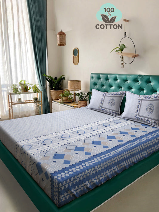 Klotthe Blue Geometric 400 TC Pure Cotton Super King Double Bedsheet with 2 Pillow covers