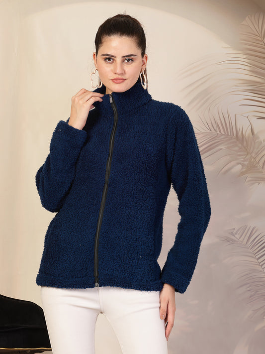 Klotthe Women Blue Solid Sherpa Heavy Winter Jacket