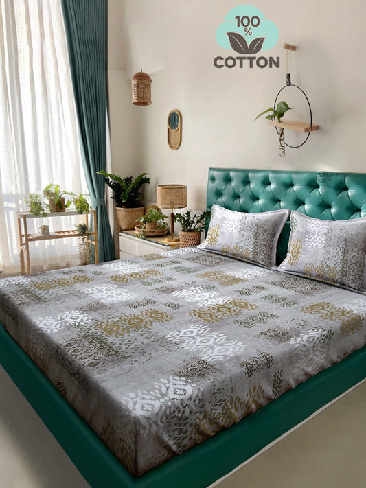 Klotthe Grey Geometric 400 TC Pure Cotton Double Bedsheet with 2 Pillow Covers