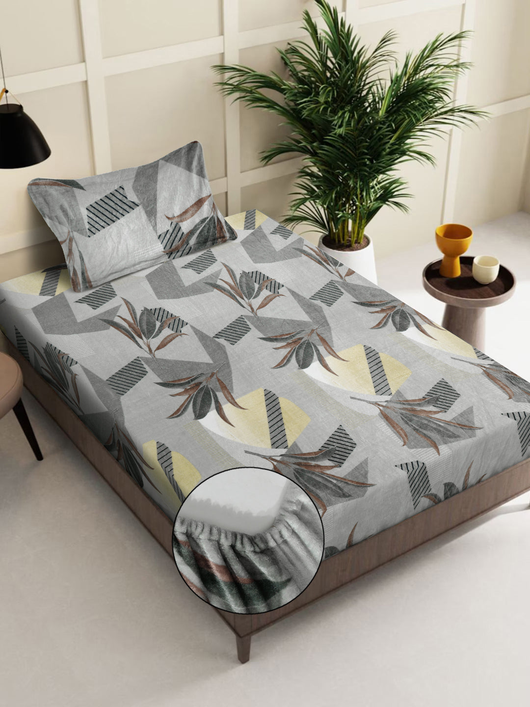 Klotthe Grey Floral Woolen Fitted Single Bed Sheet with Pillow Cover