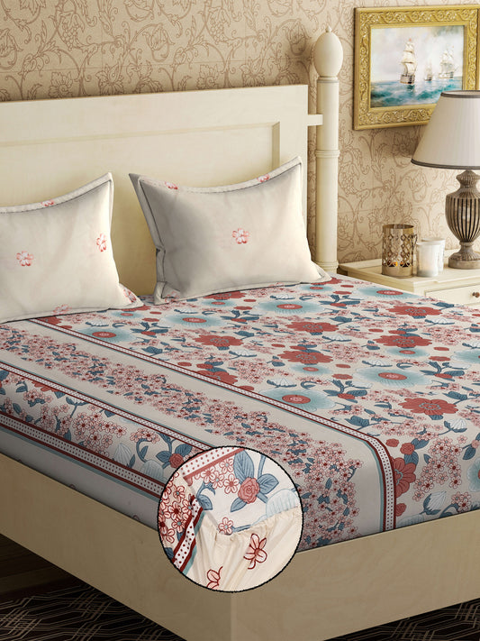 Klotthe Multi Floral 300 TC Cotton Blend Fitted Double Bedsheet with 2 Pillow Covers