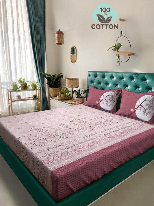Klotthe Magenta Floral 400 TC Pure Cotton Super King Double Bedsheet with 2 Pillow covers