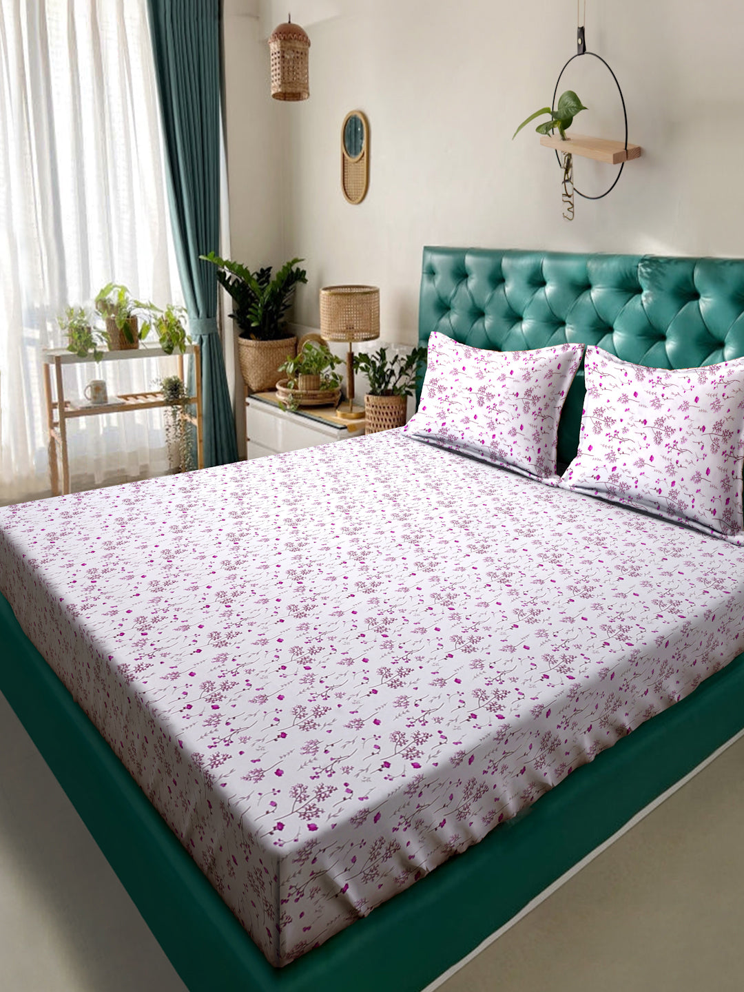 Klotthe White Floral 300 TC Cotton Blend Double Bedsheet with 2 Pillow Covers