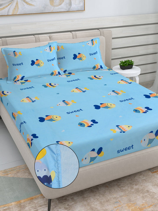 Klotthe Sky Blue Cartoon Characters 300 TC Cotton Blend Fitted Double Bedsheet with 2 Pillow Covers