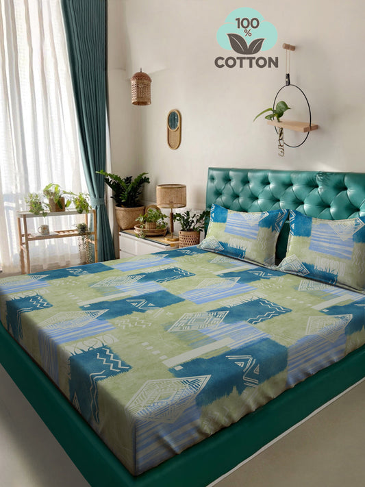 Klotthe Green Geometric 400 TC Pure Cotton Double Bedsheet with 2 Pillow Covers