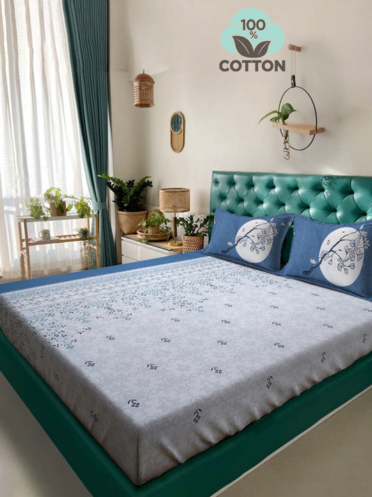 Klotthe Blue Floral 400 TC Pure Cotton Super King Double Bedsheet with 2 Pillow covers