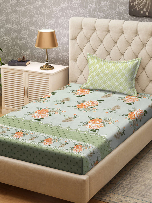 Klotthe Green Floral 300 TC Cotton Blend Single Bedsheet with Pillow Cover