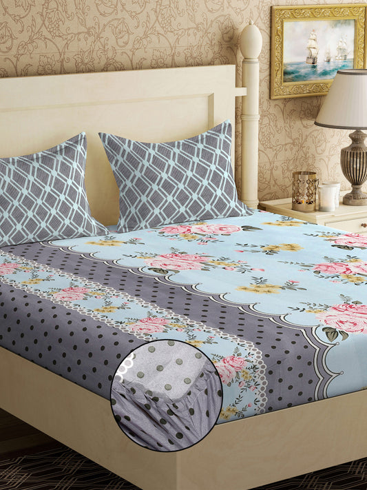 Klotthe SkyBlue Floral 300 TC Cotton Blend Fitted Double Bedsheet with 2 Pillow Covers