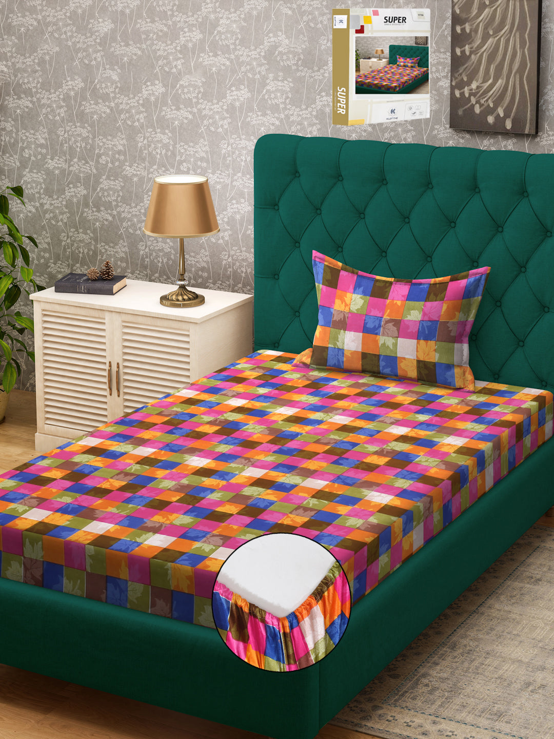 Klotthe Multicolor Geometric 300 TC Cotton Blend Fitted Single Bedsheet Set in Book Fold Packing