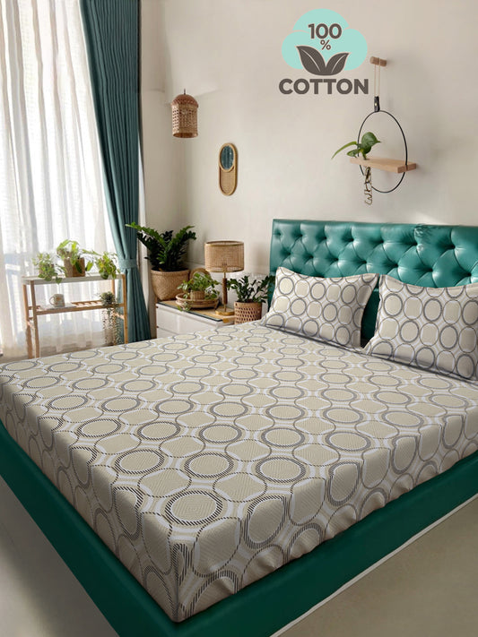 Klotthe Cream Geometric 400 TC Pure Cotton Double Bedsheet with 2 Pillow Covers