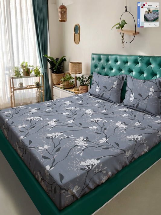 Klotthe Grey Floral 300 TC Cotton Blend Super King Double Bedsheet in Book Fold Packing