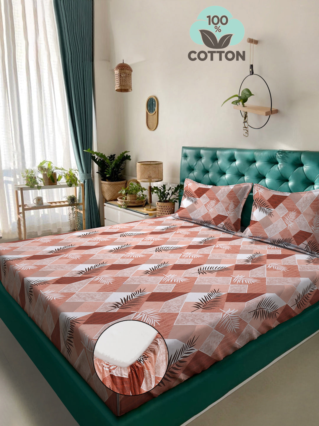 Klotthe Rust Floral 400 TC Pure Cotton Fitted Double Bedsheet with 2 Pillow Covers
