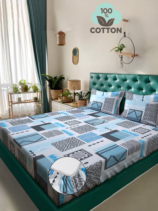 Klotthe SkyBlue Geometric 400 TC Pure Cotton Fitted Double Bedsheet with 2 Pillow Covers