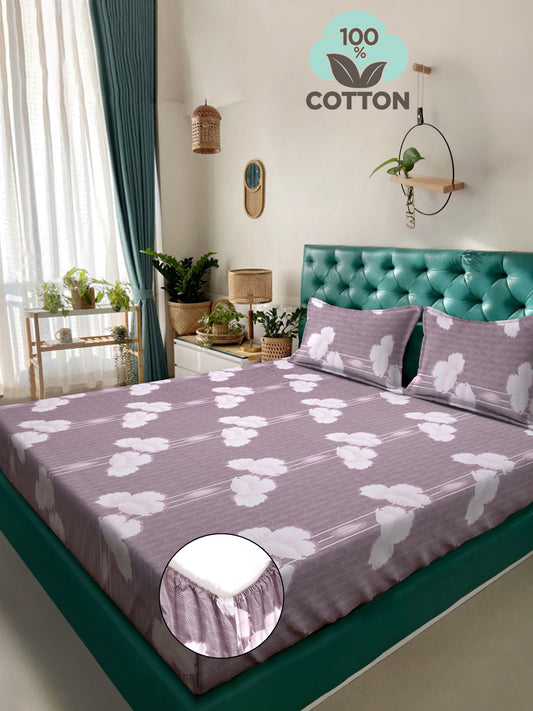 Klotthe Purple Floral 400 TC Pure Cotton Fitted Double Bedsheet with 2 Pillow Covers