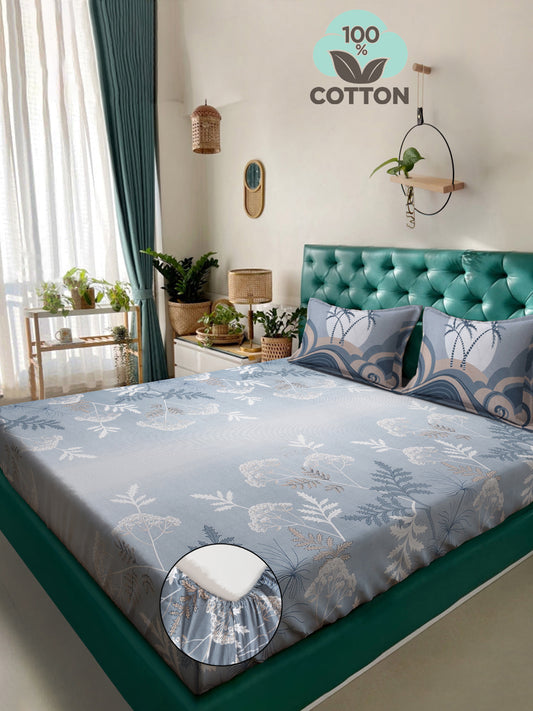 Klotthe Grey Floral 400 TC Pure Cotton Fitted Super King Double Bedsheet with 2 Pillow covers