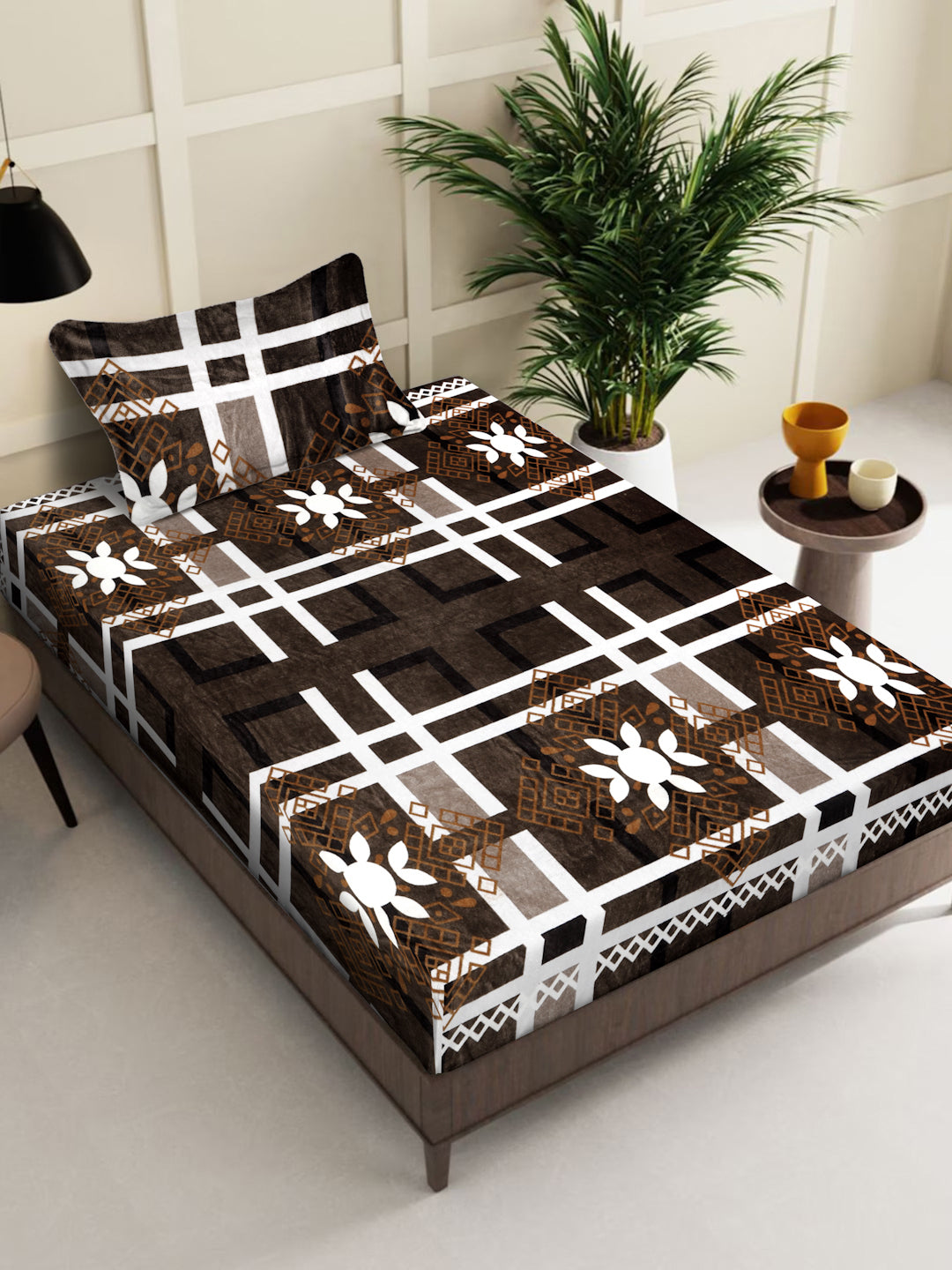 Klotthe Brown Floral Woolen Single Bed Sheet with Pillow Cover