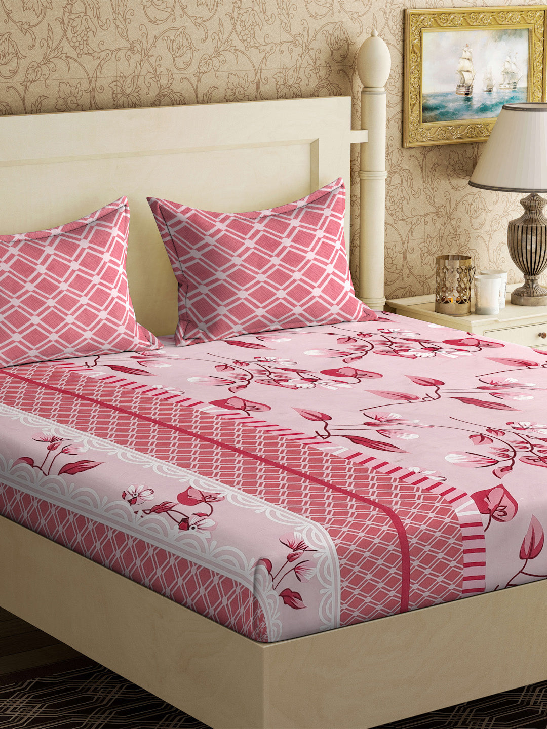 Klotthe Red Floral 300 TC Cotton Blend Double Bedsheet with 2 Pillow Covers