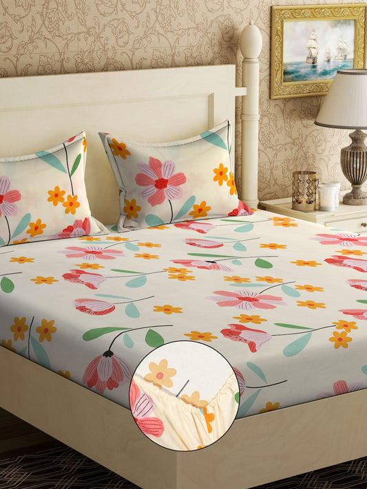 Klotthe Cream Floral 300 TC Cotton Blend Fitted Double Bedsheet with 2 Pillow Covers