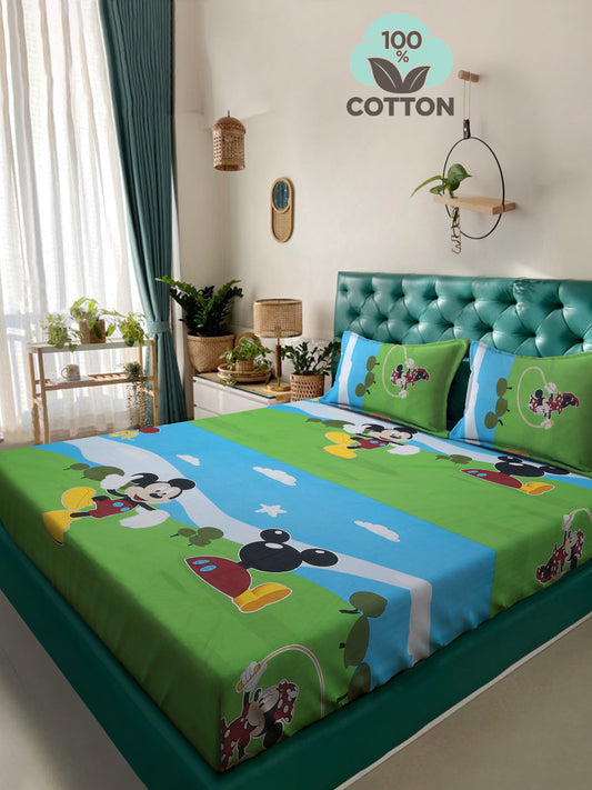 Klotthe Multicolor Cartoon Characters 400 TC Pure Cotton Double Bedsheet with 2 Pillow Covers