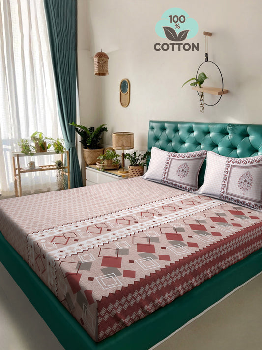 Klotthe Peach Geometric 400 TC Pure Cotton Super King Double Bedsheet with 2 Pillow covers