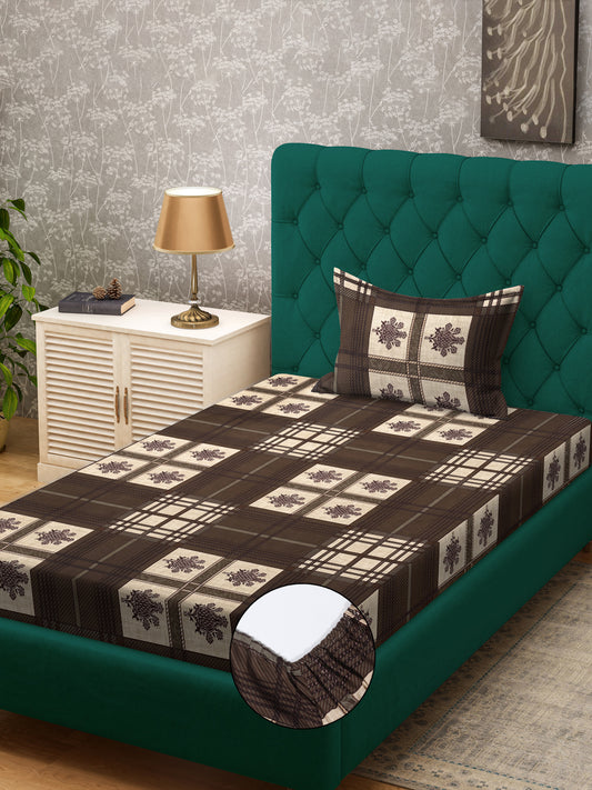 Klotthe Brown Geometric 300 TC Cotton Blend Fitted Single Bedsheet with Pillow Cover