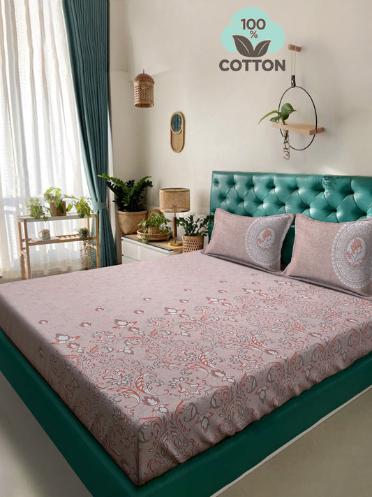 Klotthe Peach Floral 400 TC Pure Cotton Super King Double Bedsheet with 2 Pillow covers