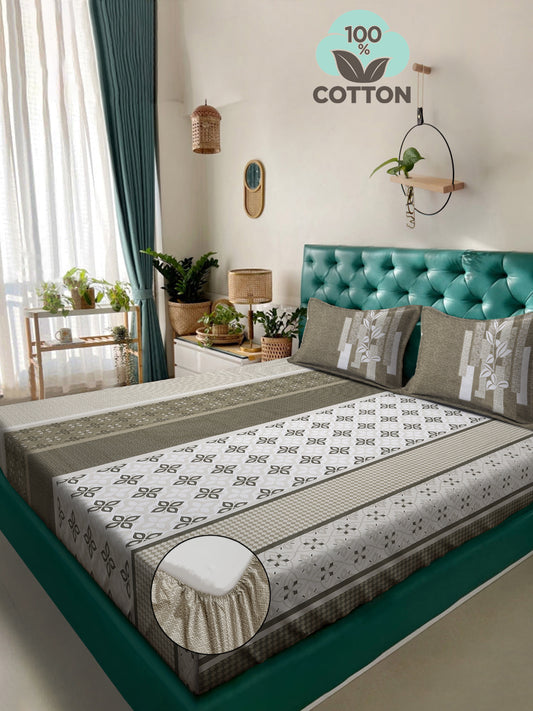 Klotthe Olive Geometric 400 TC Pure Cotton Fitted Super King Double Bedsheet with 2 Pillow covers