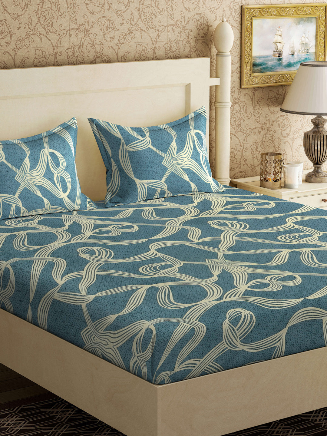 Klotthe Turquoise Abstract 300 TC Cotton Blend Double Bedsheet with 2 Pillow Covers