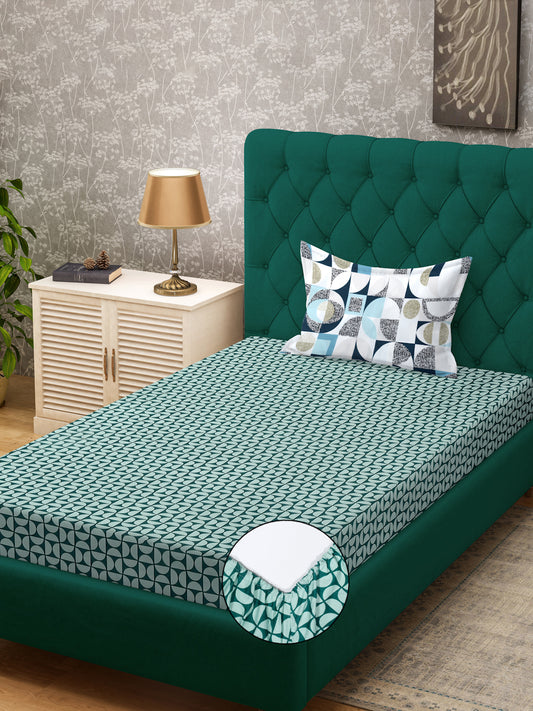 Klotthe Green Geometric 300 TC Cotton Blend Fitted Single Bedsheet with Pillow Cover