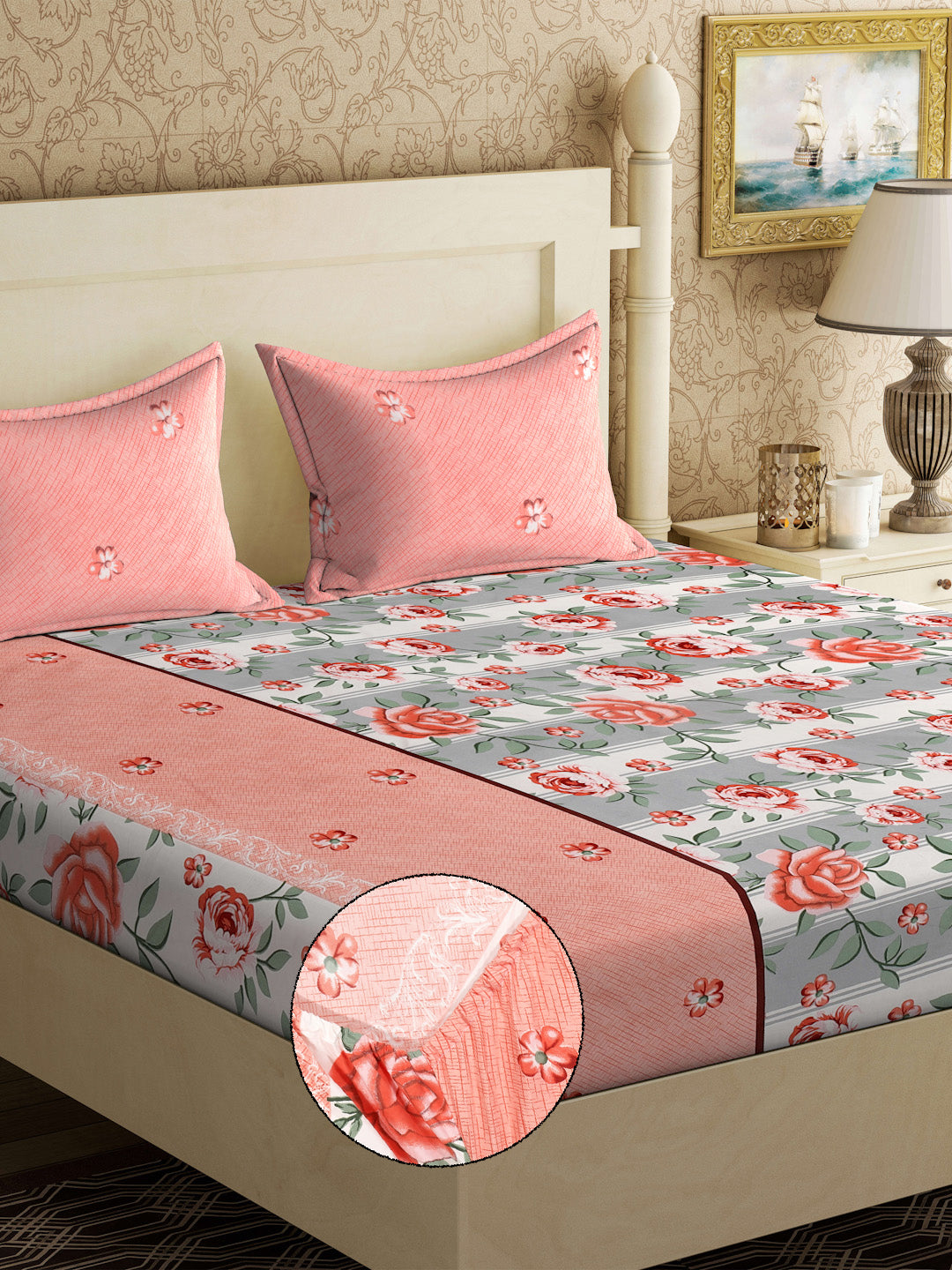 Klotthe Multi Floral 300 TC Cotton Blend Fitted Double Bedsheet with 2 Pillow Covers