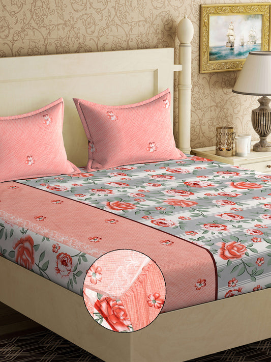 Klotthe Multi Floral 300 TC Cotton Blend Fitted Double Bedsheet with 2 Pillow Covers