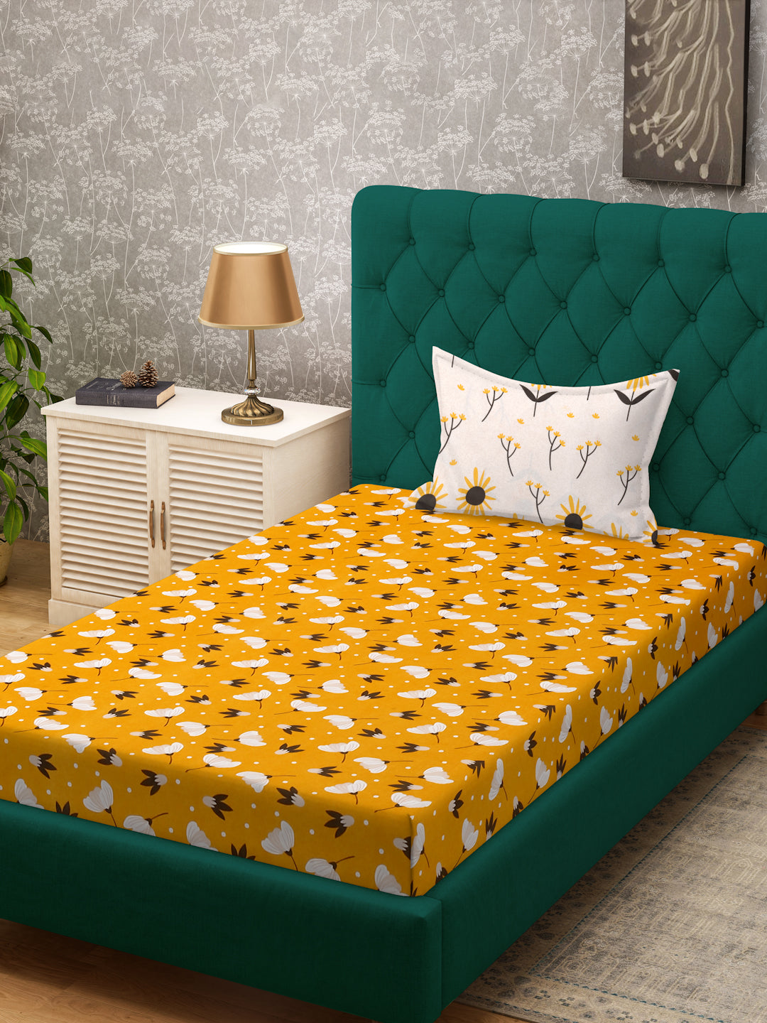 Klotthe Yellow Floral 300 TC Cotton Blend Single Bedsheet with Pillow Cover