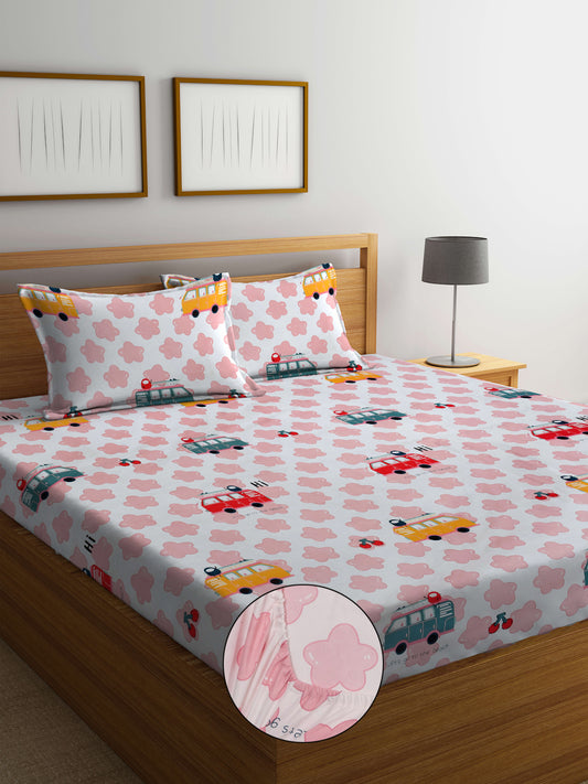 Klotthe Multi Cartoon Characters 300 TC Cotton Blend Fitted Double Bedsheet with 2 Pillow Covers